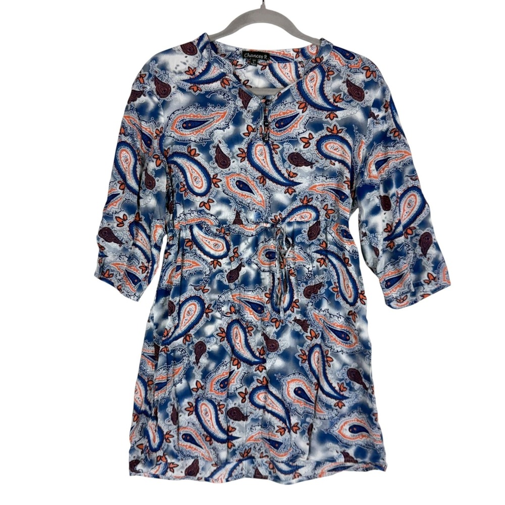 Chances R Blouse Womens Large Blue Paisley Henley 3/4 Sleeve Tunic Top Boho‎